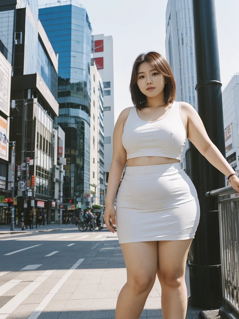 Sandara Park, her name is Akira, high quality, 1girl, ((18-year-old chubby JAPANESE woman)), ((18 years old)), (((curvy body))), SHORT BOB, pose: standing, wearing stylish fashionable Generation-Z modern wear different colored, BACKGROUND: city