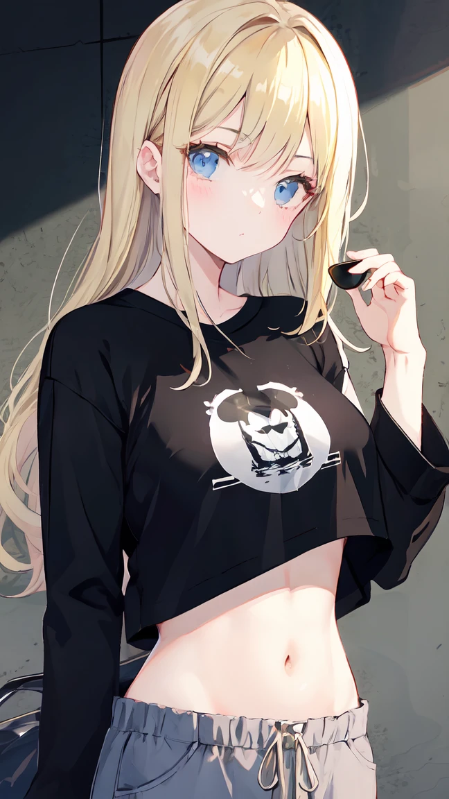 blonde woman, with fashionable black sunglasses, with a long-sleeved shirt, with her navel visible, with gray pants