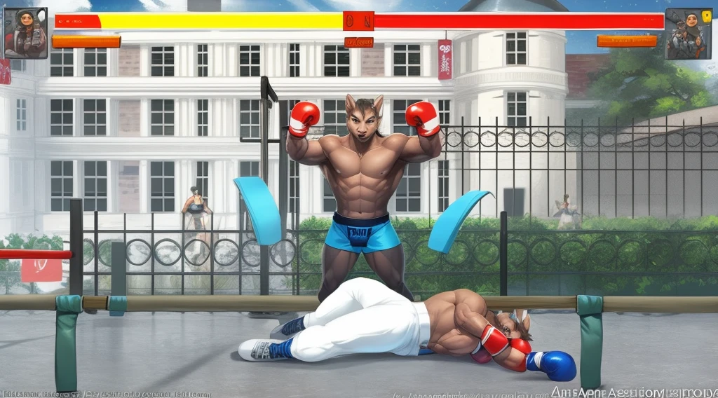 a detailed picture of a boxing match (one male anthros), slim body, slim features, in a boxing ring, Ross Tran, ruan jia, trending on artstation, from side