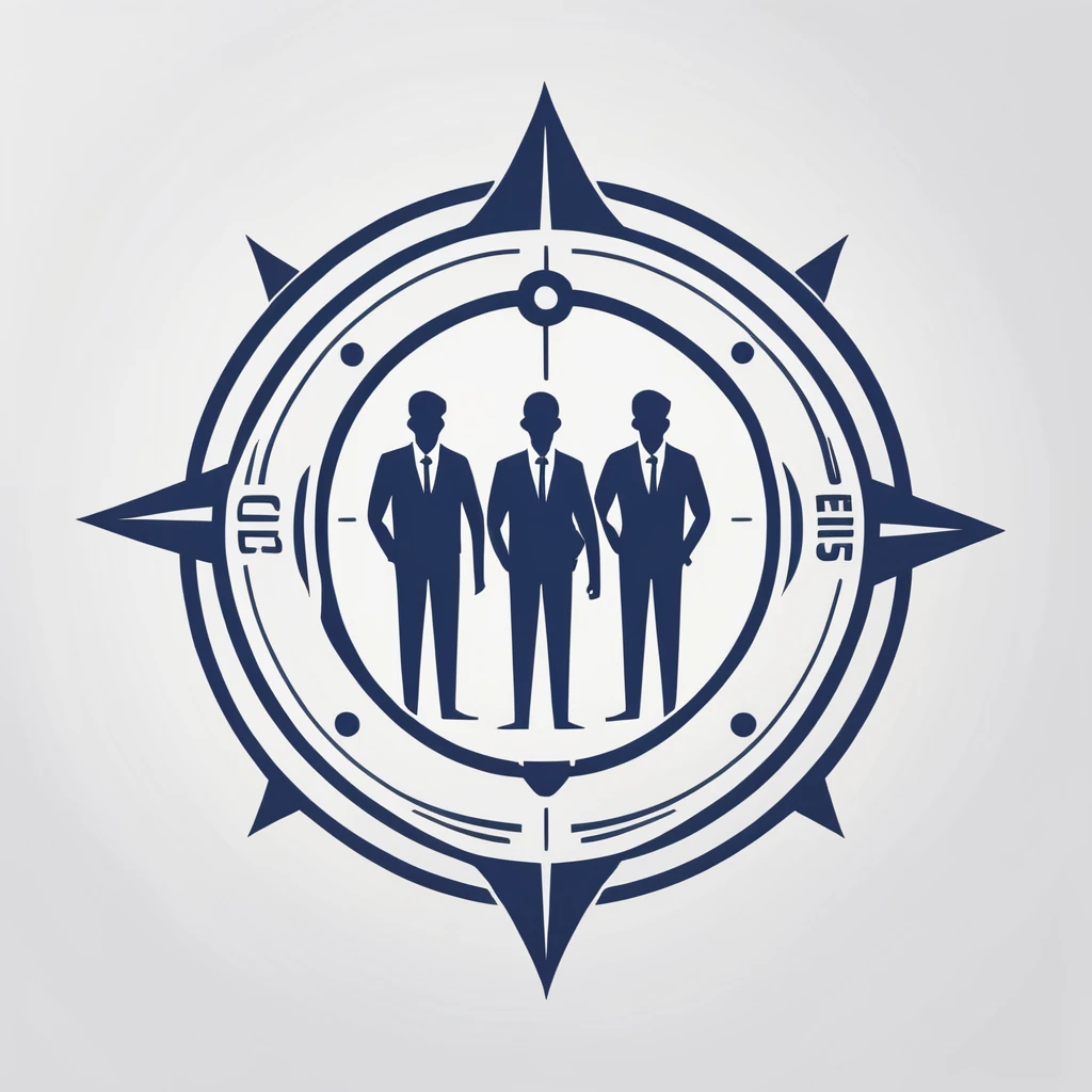 A logo for an investment company. A logo of small people standing with their arms around each other. It expresses the meaning of friends. A small compass is drawn in the center. It is a very cool, chic, and modern design. The background is white.