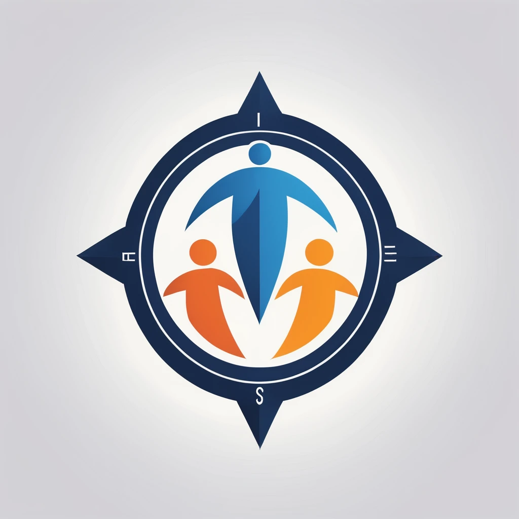 A logo for an investment company. A logo of small people standing with their arms around each other. It expresses the meaning of friends. A small compass is drawn in the center. It is a very cool, chic, and modern design. The background is white.