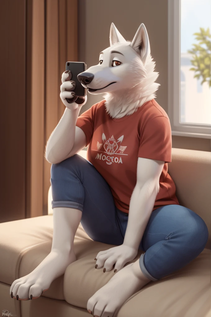 Varvara\(Moscow\), (white body:1.3), white fur, Brown eyes, Moscow, dressed, T-shirt, jeans,dog, wolf, Detailed fur, Woman, breasts, anthro, paw pads, toe claws, treats guests, waves to the viewer, 5 fingers, paws, 4 toes, ring, sits at home
BREAK from nextel, for dating, from xenoforge, (complex, high detail, filming, soft focus, RAW while sitting at home, 
Photorealism, realism, photorealism, digital style, Subsurface scattering,
masterpiece, Best quality, ultra realistic, 8k)