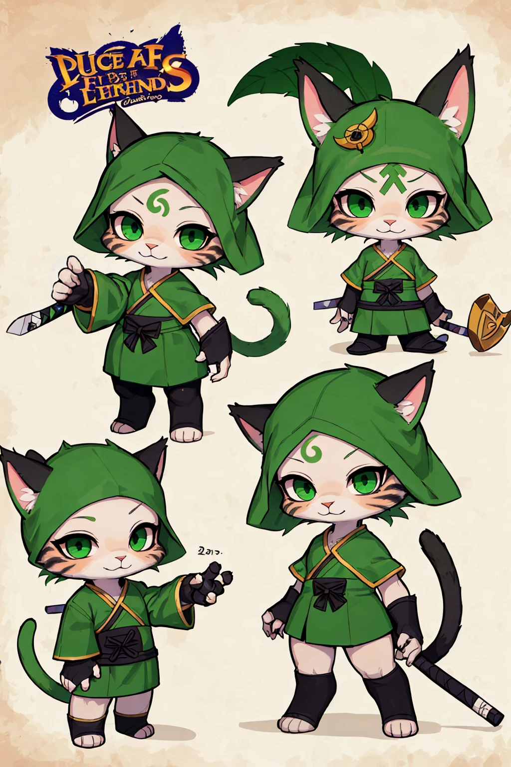 a cat warrior character, furry, (full body:1.2) , chibi, advanced digital chibi art, g liulian art style, maplestory mouse, bian lian, chibi art, league of legends art style, character art of maple story, ((view at the viewer)), (((zoro costume)))