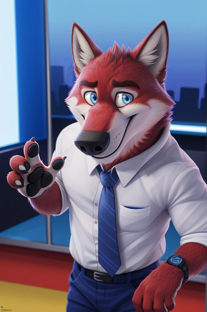 Ivan Fedorovich Wolfbach (Novosibirsk) ,tall handsome, wolf,young, 24 years, brown fur,Kind,(red body:1.3),beautiful blue eyes,Novosibirsk,dressed,whit shirt,red tie, blue pants, wolf, detailed fur, male,paw pads, finger claws,At the viewer, 5 fingers, paws, 5 fingers, smile, wrist watch, т nextel,by xenoforge, (difficult, high detail, digital photography, soft focus, RAW variety близко к камере, variety,Novosibirsk, smile, good mood, positive, Very close to the camera,presenter Moscow, TV channel Russia 1,lead photorealism, realistic, digital style, Subsurface scattering,looks at the squares, News studio, a good mood, funny, super
masterpiece, Best quality, ultra realistic, 8 thousand.)