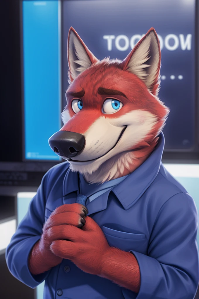 Ivan Fedorovich Wolfbach (Novosibirsk) ,tall handsome, wolf,young, 24 years, brown fur,Kind,(red body:1.3),beautiful blue eyes,Novosibirsk,dressed,whit shirt,red tie, blue pants, wolf, detailed fur, male,paw pads, finger claws,At the viewer, 5 fingers, paws, 5 fingers, smile, wrist watch, т nextel,by xenoforge, (difficult, high detail, digital photography, soft focus, RAW variety близко к камере, variety,Novosibirsk, smile, good mood, positive, Very close to the camera,presenter Moscow, TV channel Russia 1,lead photorealism, realistic, digital style, Subsurface scattering,looks at the squares, News studio, a good mood, funny, super
masterpiece, Best quality, ultra realistic, 8 thousand.)
