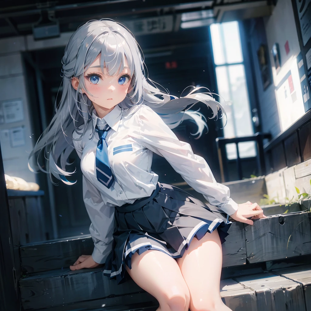 Silver Hair、Blue Eyes、Beautiful high school girl。uniform、Knee socks、　