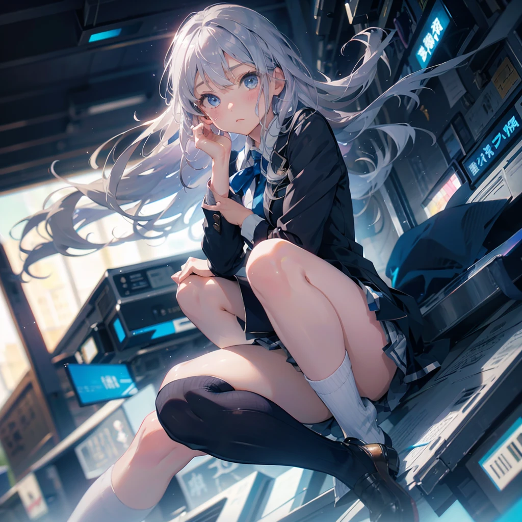 Silver Hair、Blue Eyes、Beautiful high school girl。uniform、Knee socks、　