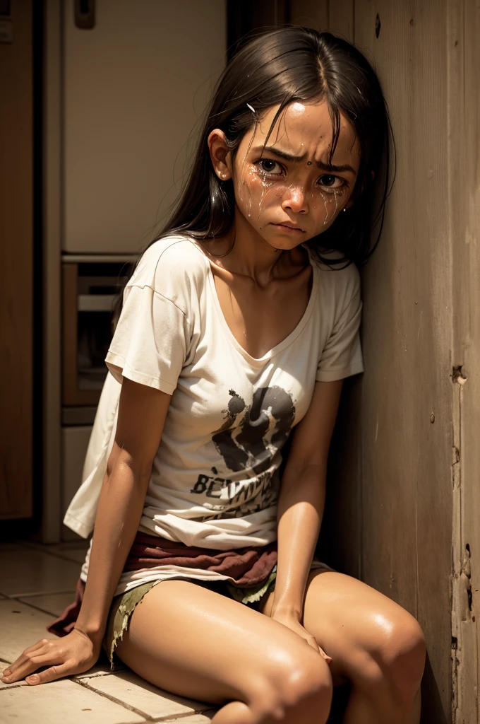 Sad crying sitting in the corner of the kitchen, worn Brazilian t-shirt, poverty, famine, misery, dirty body without showering, thousands of large insects flying in motion.