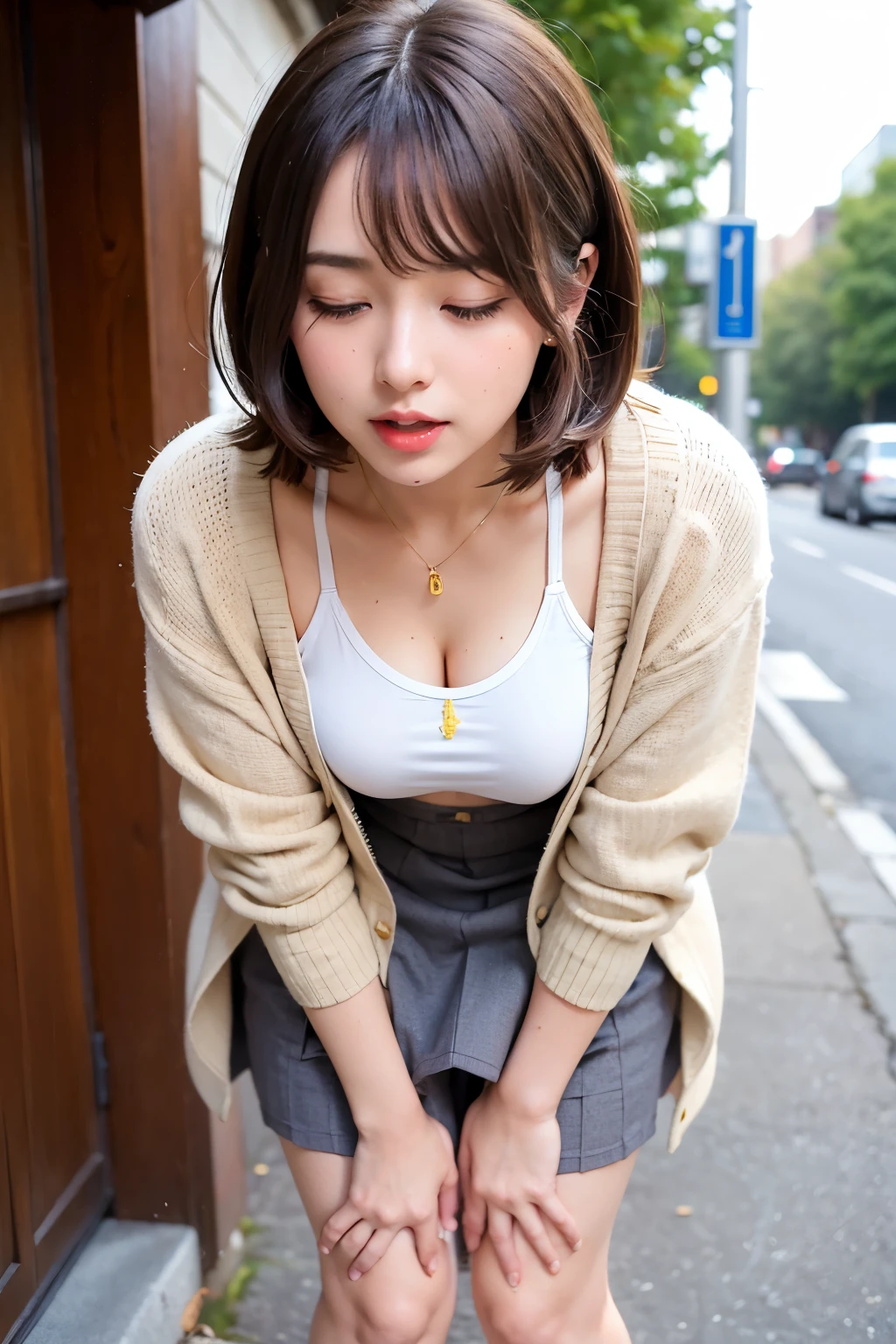 ((Highest quality)), ((masterpiece)), (detailed),1girl,university student,Being in the downtown area,Being outdoors,Bob Hair,Natural Bangs,(Light Brown Hair),She has accessories in her hair,(pain),((orgasm)),(((Close your eyes))),((Brown eyeshadow)),((cheek)),((aroused)),Lady,clear,Thin eyebrows,Branded clothes,((cardigan)),((Wearing clothes)),(((Touching the crotch with hands))),((Bend your waist)),((Leaning forward)),((drape skirt)),White skin,(((peeing))),(((((Love juice))))),((Sweat))