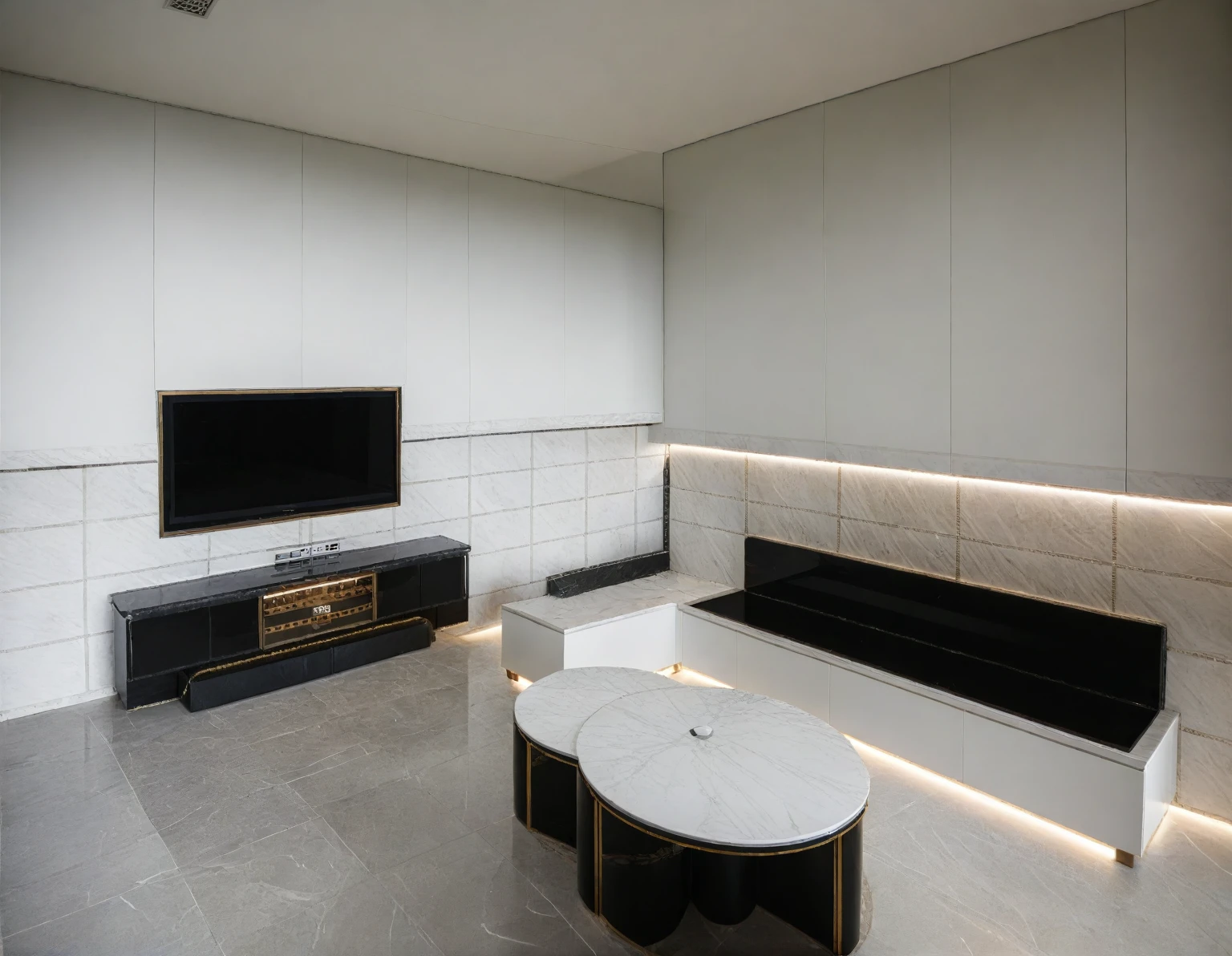 Raw photo,Masterpiece, high quality, best quality, authentic, super detail,
indoors, interior , ((kitchen and dining :1.3)), modern style, daylight, (WHITE WALL),luxury, marble tile floor, fridge, black stone counter top