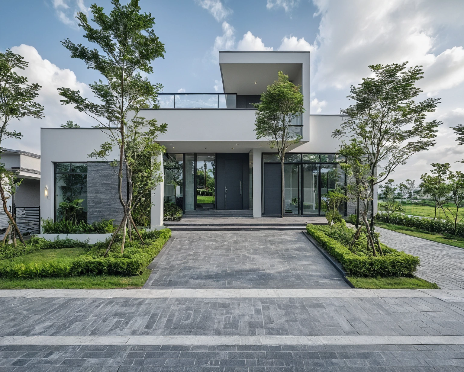 Raw photo, masterpiece, high quality, best quality, realistic, super detailed, outdoor, 2-storey house, modern townhouse style, (white wall), curved wall facade, aluminum interior door glass, curved planter, gray tiled accent wall, gray iron box exterior gate, road, sidewalk, grass, trees, sky, clouds, (daylight):1.1)