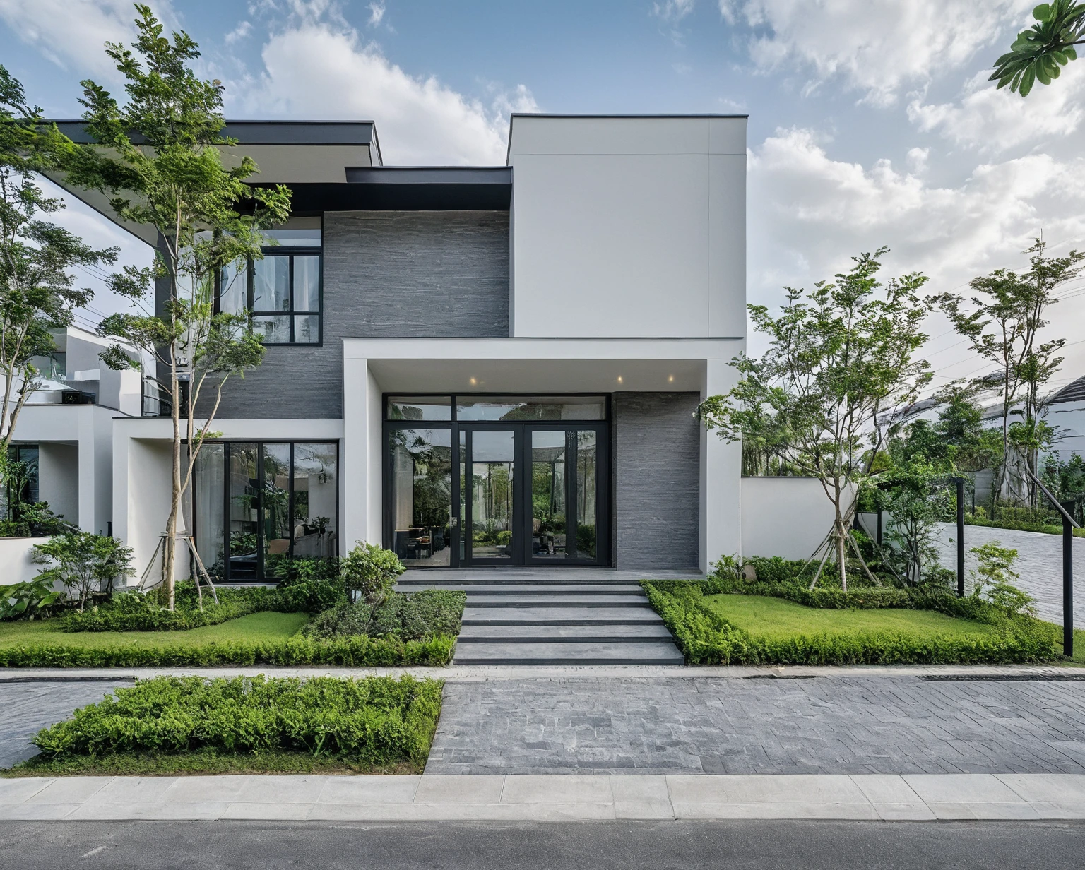 Raw photo, masterpiece, high quality, best quality, realistic, super detailed, outdoor, 2-storey house, modern townhouse style, (white wall), curved wall facade, aluminum interior door glass, curved planter, gray tiled accent wall, gray iron box exterior gate, road, sidewalk, grass, trees, sky, clouds, (daylight):1.1)