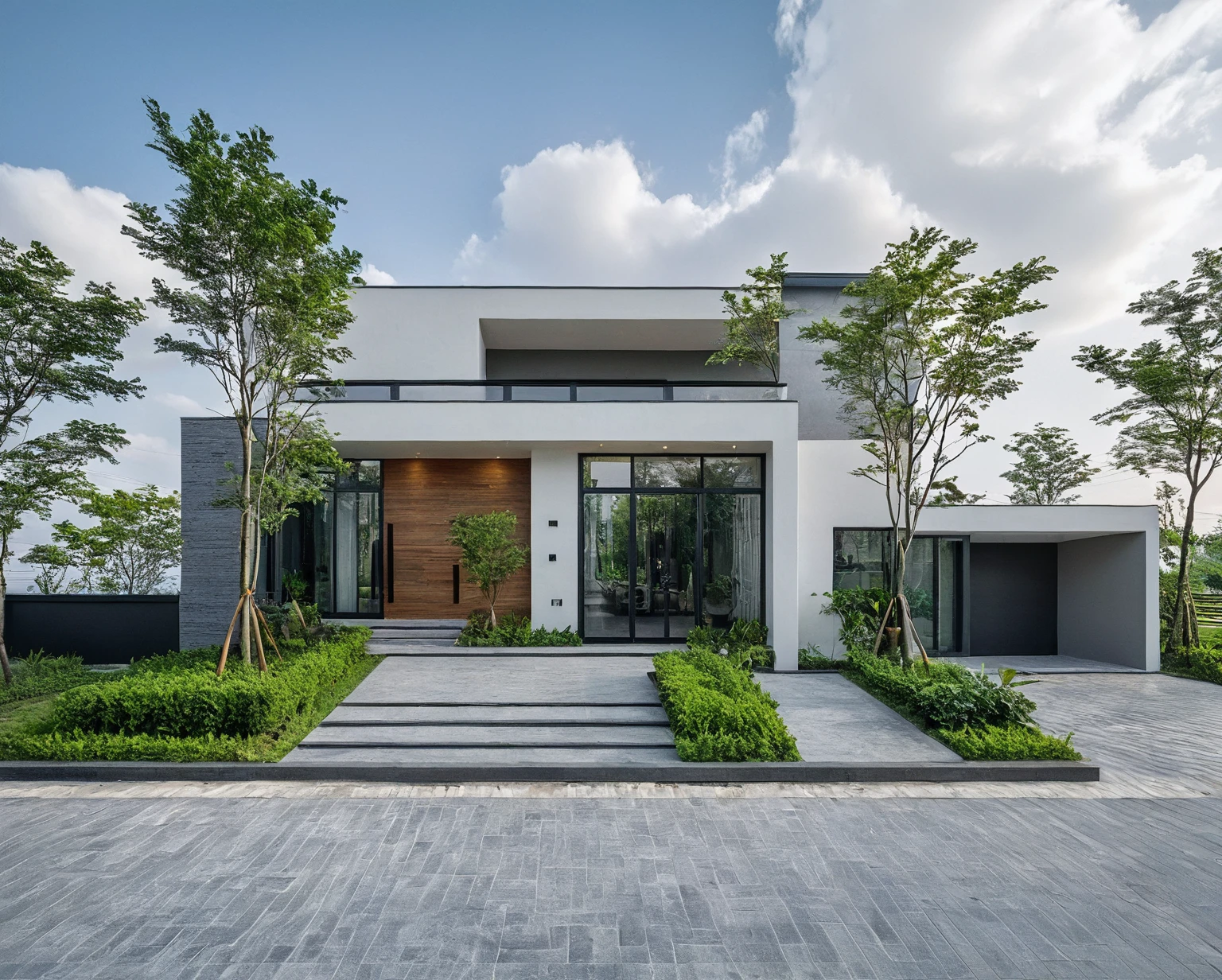 Raw photo, masterpiece, high quality, best quality, realistic, super detailed, outdoor, 2-storey house, modern townhouse style, (white wall), curved wall facade, aluminum interior door glass, curved planter, gray tiled accent wall, gray iron box exterior gate, road, sidewalk, grass, trees, sky, clouds, (daylight):1.1)