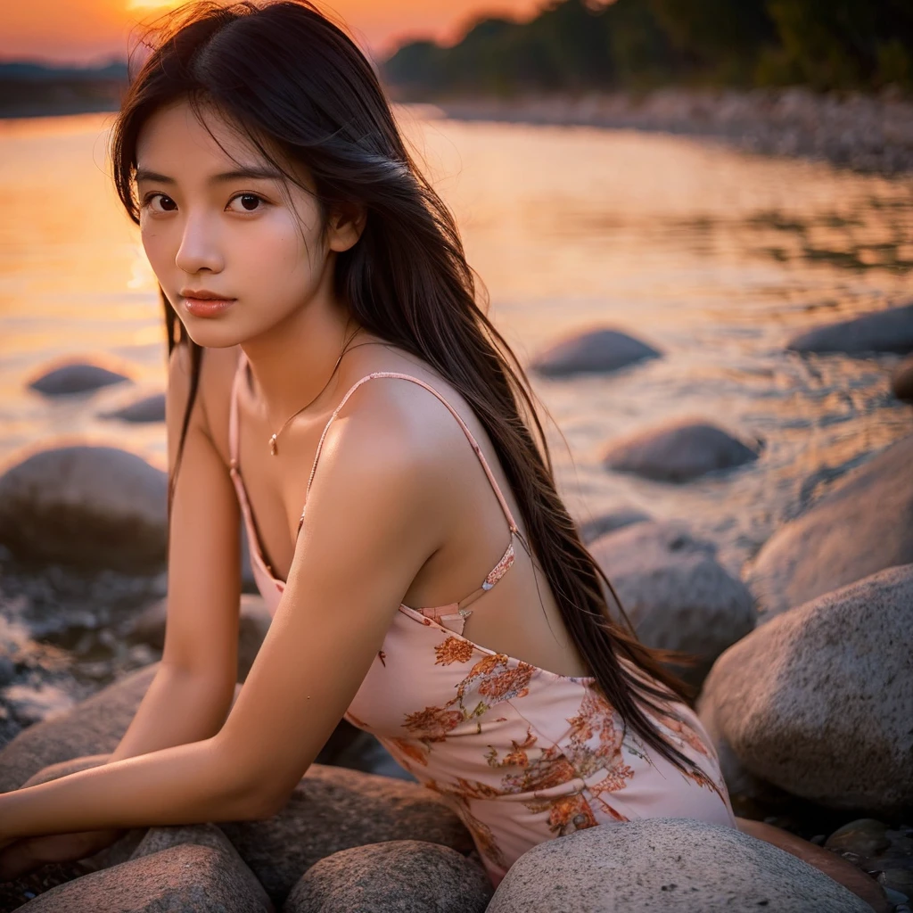 a beautiful asian girl, 20 years old, bathing in a river at sunset, long dark hair, glowing smooth skin, detailed facial features, serene expression, river with rocks and plants, warm orange and pink sky, dramatic lighting, high quality, photorealistic, intricate details, cinematic composition