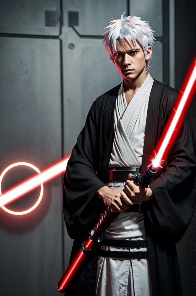 Boy anime, Lightsaber red, white hair, sith