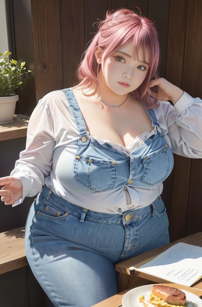 Makima de l'anime "chainsaw man", bbwchan, corps entier, magnifique et ultra détaillée. Ssbbw, obésité morbide, Cheveux rouges, yeux jaunes, visage gras, visage ultra détaillé et doux. Chemise, jupe en jean, pose dynamique, soleil, gris ventre rond et mou sur la table