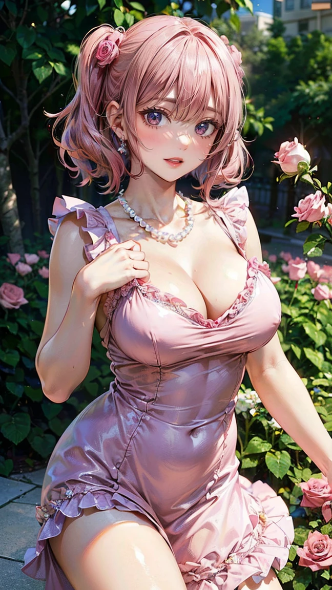 (Masterpiece, BestQuality:1.3), (ultra detailed:1.2), (hyperrealistic:1.3), (RAW photo:1.2), High detail RAW color photo, professional photograph, (Photorealistic:1.4), (realistic:1.4), (Pink Hair:1.5), professional lighting, perfect anatomy, (Big Breasts:1.2), (blush, detailed face), (A happy smile:1.7), sexly, erotic sexly, Random sexy gravure poses, (A girl wearing a pink frilly dress and a pearl necklace、She is smiling in a rose garden, lifting the hem of her dress.。:1.3)