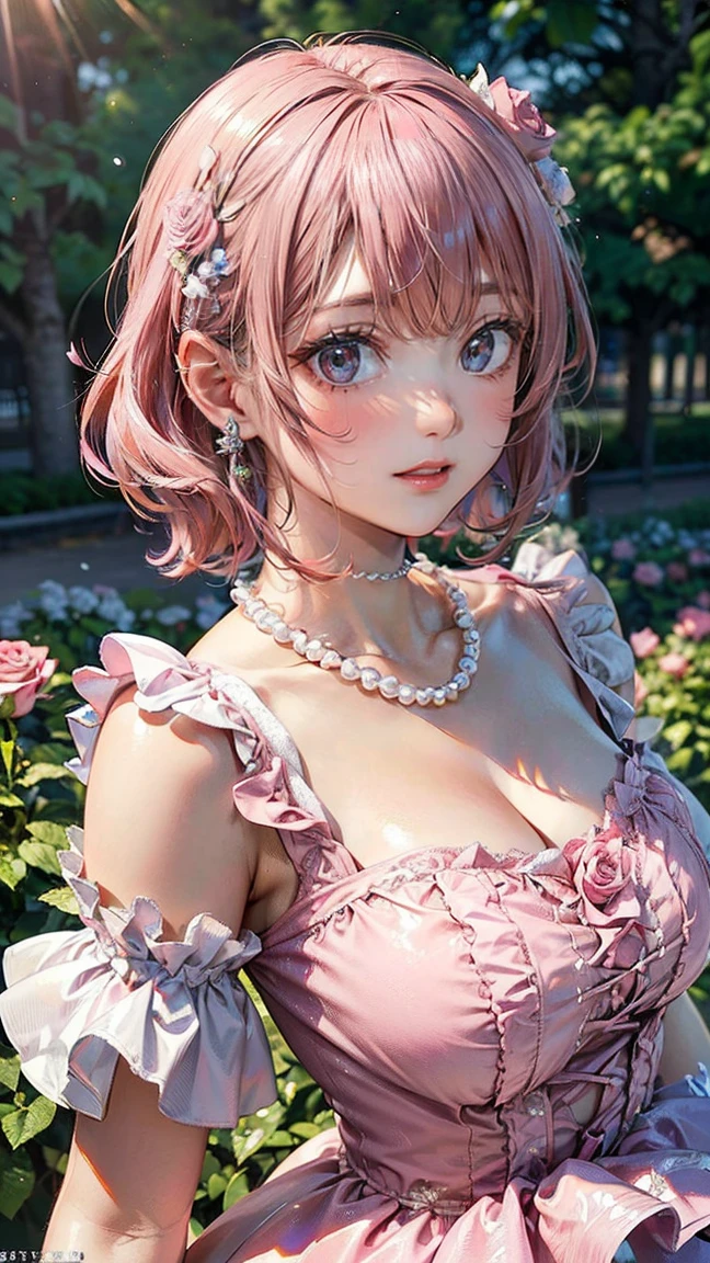 (Masterpiece, BestQuality:1.3), (ultra detailed:1.2), (hyperrealistic:1.3), (RAW photo:1.2), High detail RAW color photo, professional photograph, (Photorealistic:1.4), (realistic:1.4), (Pink Hair:1.5), professional lighting, perfect anatomy, (Big Breasts:1.2), (blush, detailed face), (A happy smile:1.7), sexly, erotic sexly, Random sexy gravure poses, (A girl wearing a pink frilly dress and a pearl necklace、She is smiling in a rose garden, lifting the hem of her dress.。:1.3)