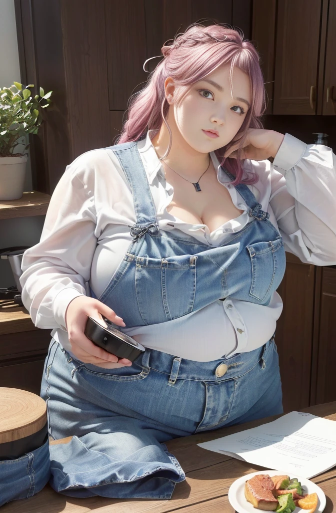 Makima de l'anime "chainsaw man", bbwchan, corps entier, magnifique et ultra détaillée. Ssbbw, obésité morbide, Cheveux rouges, yeux jaunes, visage gras, visage ultra détaillé et doux. Chemise, jupe en jean, pose dynamique, soleil, gris ventre rond et mou sur la table