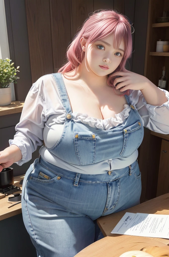 Makima de l'anime "chainsaw man", bbwchan, corps entier, magnifique et ultra détaillée. Ssbbw, obésité morbide, Cheveux rouges, yeux jaunes, visage gras, visage ultra détaillé et doux. Chemise, jupe en jean, pose dynamique, soleil, gris ventre rond et mou sur la table