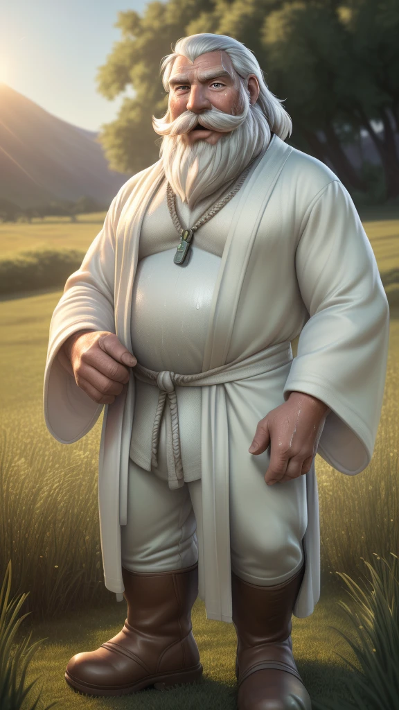 Gandalf, (pose:Full Body Shot), (posing:Full Body Shot), (soft shading), (((4k, hi res, Ray tracing))), ((((extreme detailed sweat drops, glistening, glistening body))), (((five fingers, detailed hands))), ((detailed face, (detailed eyes:1.0), detailed)), by zackarry911, by zaush, (by personalami:0.5), looking at viewer, (((happy,wise eyes))), (((old and wise))), 1boy, standing,(((standing,ashamed))),((( Mustache,beard))),(((dad bod))) ,male focus, white hair, (((handsome, sage))), nature, // ((human)),(((white Robe,white shirt, longpant, brown boot))),((Human, looking at viewer)),((grassy field background, lens blur, lens flare)),
