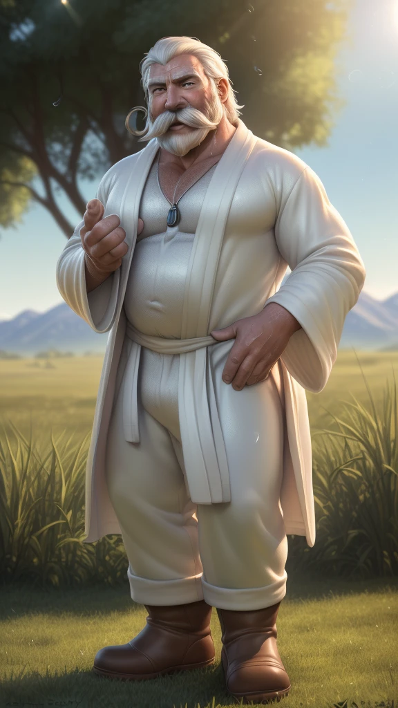 Gandalf, (pose:Full Body Shot), (posing:Full Body Shot), (soft shading), (((4k, hi res, Ray tracing))), ((((extreme detailed sweat drops, glistening, glistening body))), (((five fingers, detailed hands))), ((detailed face, (detailed eyes:1.0), detailed)), by zackarry911, by zaush, (by personalami:0.5), looking at viewer, (((happy,wise eyes))), (((old and wise))), 1boy, standing,(((standing,ashamed))),((( Mustache,beard))),(((dad bod))) ,male focus, white hair, (((handsome, sage))), nature, // ((human)),(((white Robe,white shirt, longpant, brown boot))),((Human, looking at viewer)),((grassy field background, lens blur, lens flare)),
