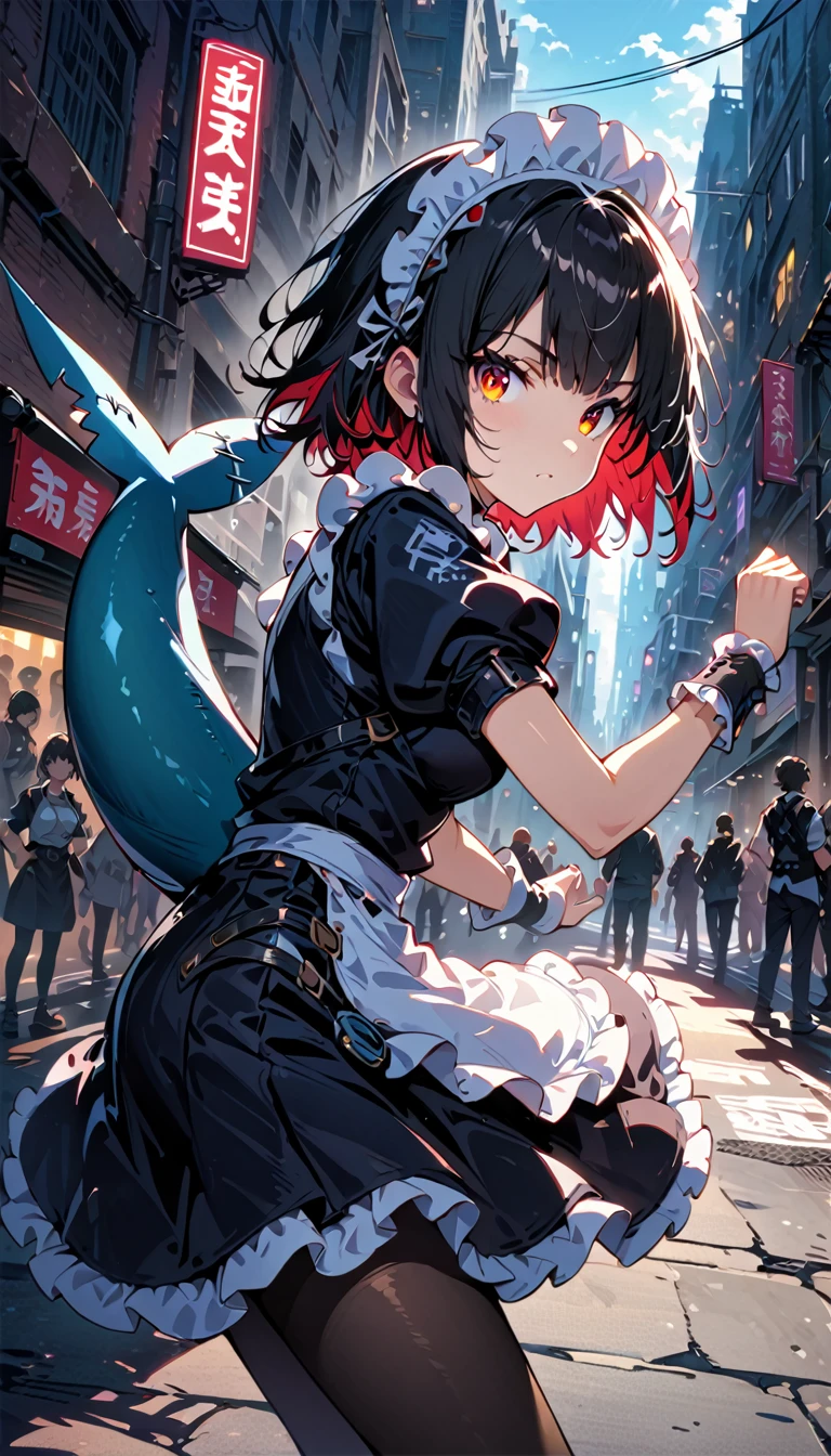 Anti-Joe, Ugly Joe, Black Hair, Colored undercoat, multicoloRed hair, (Red Eyes:1.3), Red hair, short hair, Two-tone hair,
rest bapron, black Pantyhose, black shirt, black skirt, ear punching, arrive, fish Tail, maid, maid apron, maid headdress, Pantyhose, punching, puffy Short sleeve, Puff sleeves, Shark Girl, shark Tail, shirt, Short sleeve, skirt, Tail, Two-tone hair, Wrist sleeves,
rest outdoors, City, Sky, cloud, sun, architecture, crowd, people, alley,
rest looking at viewer, (Cowboy shooting:1.5),
rest (masterpiece:1.2), best quality, high resolution, Unity 8K wallpaper, (illustration:0.8), (beautiful deTailed eyes:1.6), extremely deTailed face, Perfect lighting, extremely deTailed CG, (Perfect hands, Perfect anatomical structure),