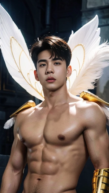 super high resolution, best quality, photo, 4k, (photorealistic: 1.4), cinematic lighting, full naked male angel with large translucent wings, expose the penis, huge penis, errected, shirtless naked muscular man, abdominal muscles dressed in medieval gold armor, detailed feathers, men angel with large translucent wings, muscular , abdominal muscles clad in medieval gold armor, detailed feathers, environment cyberpunk, snow and ice environment in the background, ice cathedral, portal of the future, 3D light, HD, magic light , god of light, backlighting, detailed face, inspirited by Li Xian, Leo Wu, contrasts, smooth shinning skin, soft hands, correct anatomy, five fingers. Penis in correct shape, focus on the penis