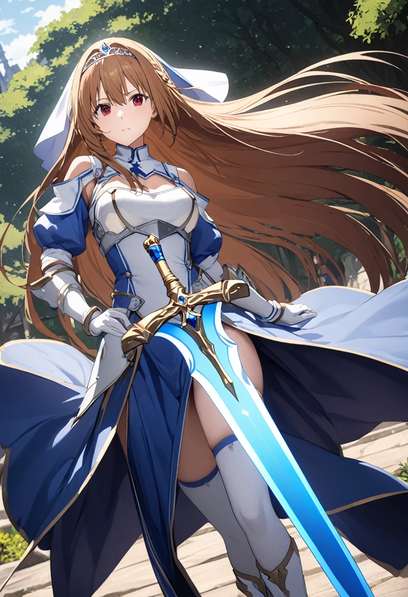 Highest quality、unity 8k wallpaper、32k、masterpiece、Very detailed、Ultra-high resolution、Very detailedな顔, RAW Photos, Professional, Ultra-fine painting、Yuuki Asuna、Brown long straight hair、Platinum tiara with blue gemstones、Blue Nun Cape、Red eyes、(Tree Eyes), Cool and sharp features, Hime cut, Female magical warrior、white&gold breastplate、Blue and white leotard、(((With side armor and long slits、ブルーとwhiteゴールドで装飾されたロングペンシルスカート)))、Half puff sleeves with shoulder pads、A large white ribbon with a large sapphire on the chest、White and blue long gloves、(((White and blue thigh-high stiletto boots:1.0)))、He has a sword with a glowing blue blade,