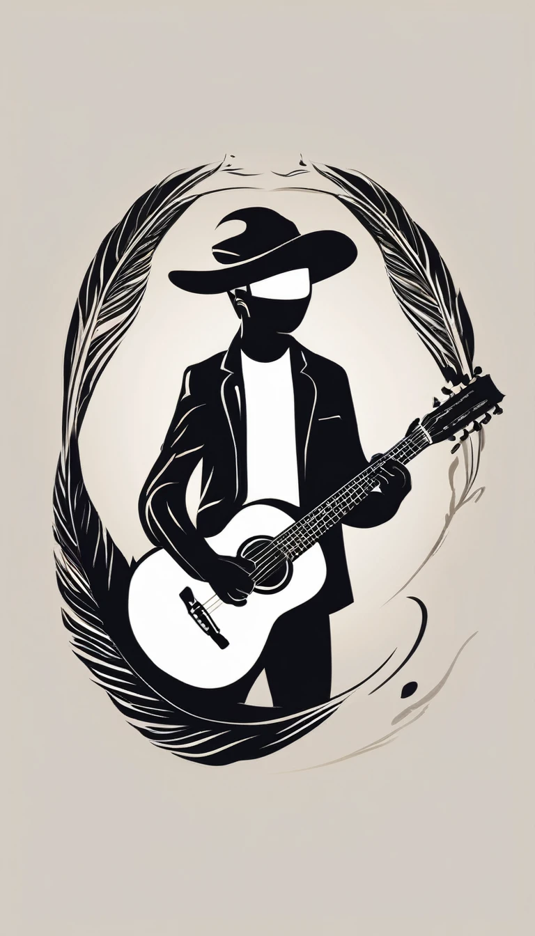 A minimal, modern, simple, cinematic logo design for the brand “Penamemoria". The logo design of a boy with a head of a feather playing acoustic guitar. The logo must convey a sense of music, stories and dreams. Minimalistic logo design of a boy dissolving into a feather of dreams and memories