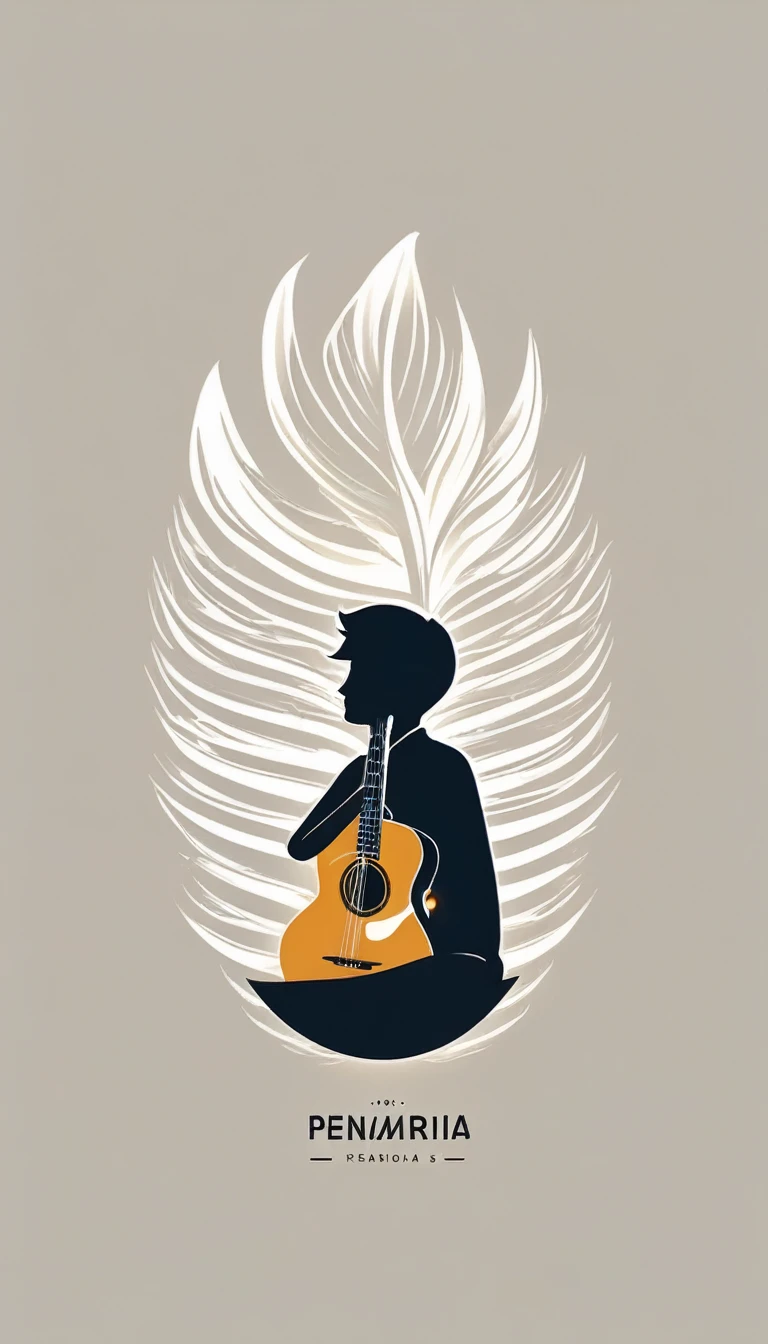 A minimal, modern, simple, cinematic logo design for the brand “Penamemoria". The logo design of a boy with a head of a feather playing acoustic guitar. The logo must convey a sense of music, stories and dreams. Minimalistic logo design of a boy dissolving into a feather of dreams and memories