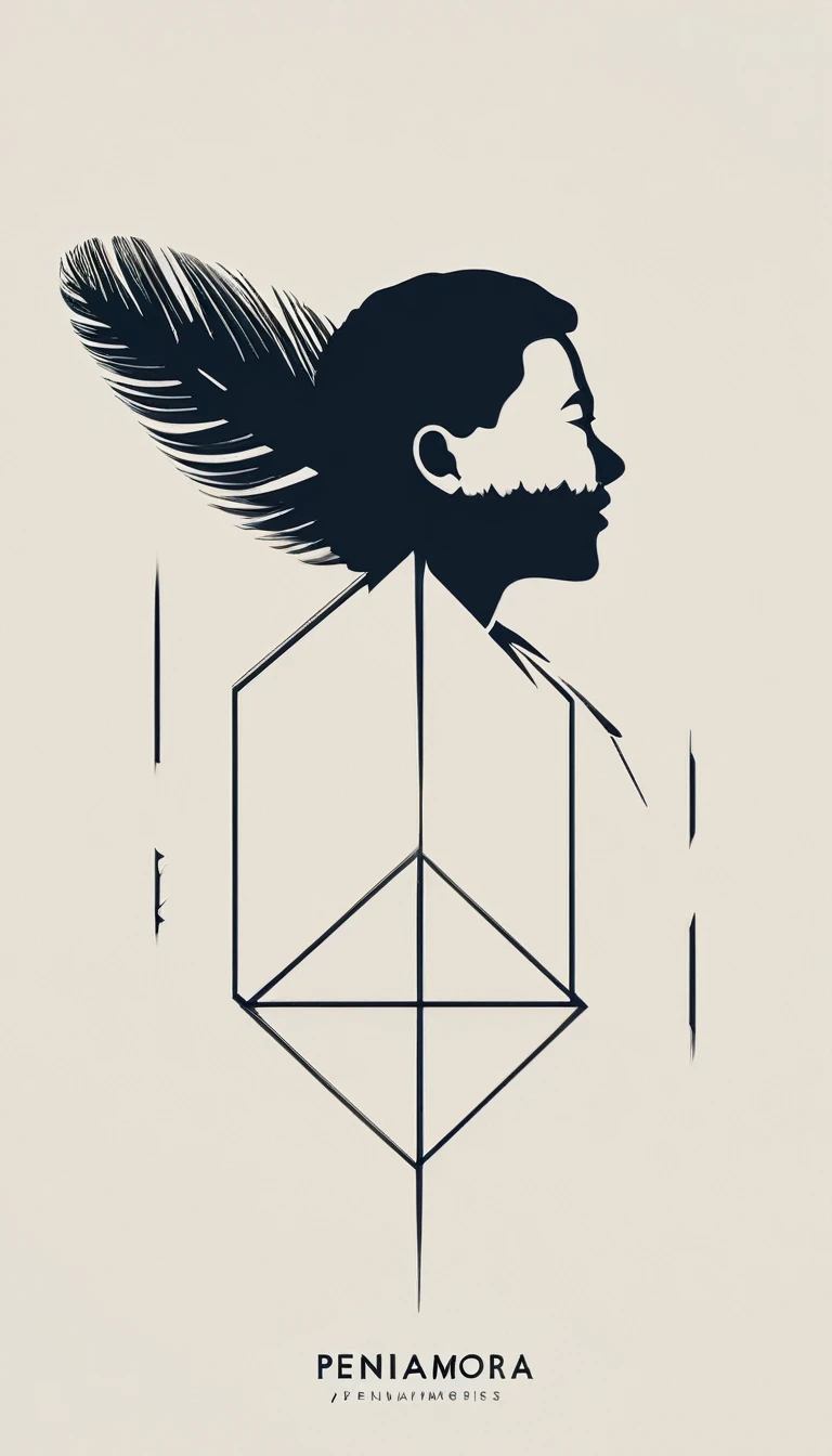 A minimal, modern, simple, cinematic logo design for the brand “Penamemoria". The logo design of a boy with a head of a feather playing acoustic guitar. The logo must convey a sense of music, stories and dreams. Minimalistic logo design of a boy dissolving into a feather of dreams and memories