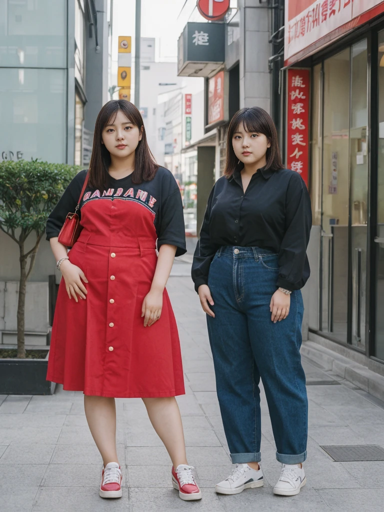 Sandara Park, her name is Akira, high quality, 1girl, ((18-year-old chubby JAPANESE woman)), ((18 years old)), (((curvy body))), SHORT BOB, pose: standing, wearing stylish fashionable Generation-Z modern wear different colored, BACKGROUND: city