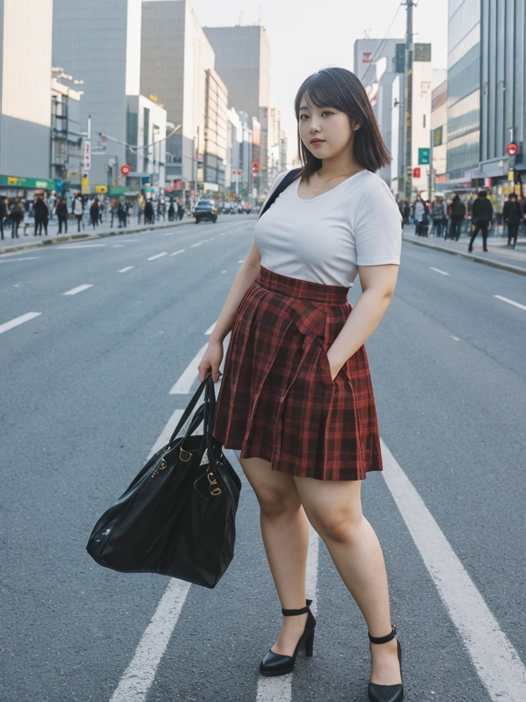 Sandara Park, her name is Akira, high quality, 1girl, ((18-year-old chubby JAPANESE woman)), ((18 years old)), (((curvy body))), SHORT BOB, pose: standing, wearing stylish fashionable Generation-Z modern wear different colored, BACKGROUND: city