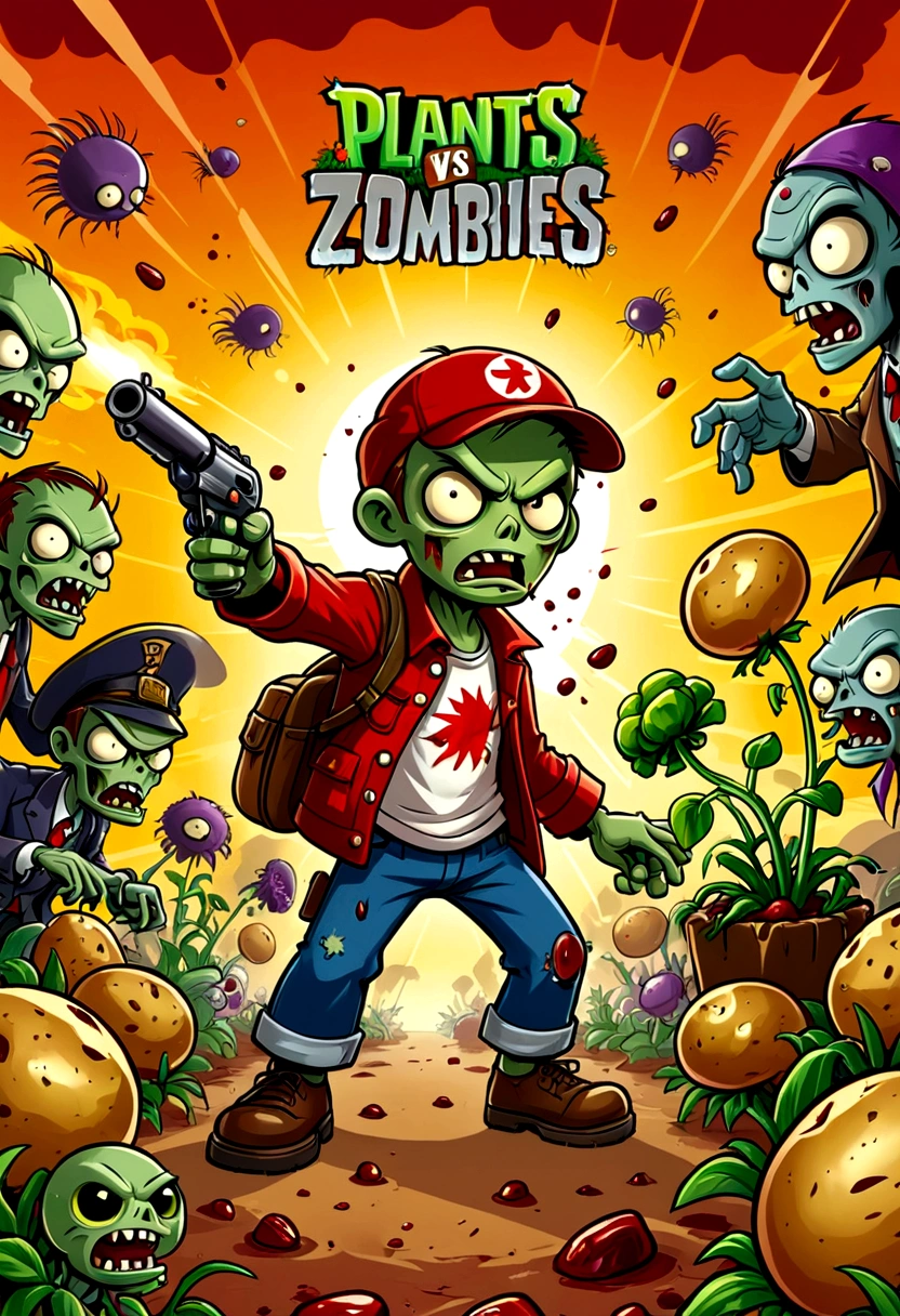 poster design：Plants vs. Zombies，Zombies are about to invade，Defense War Game，fear，bloody，Old，Zombies，Violence，Peashooter，Potato Mine Explosion，Ragged clothes，Exaggerated art illustration，