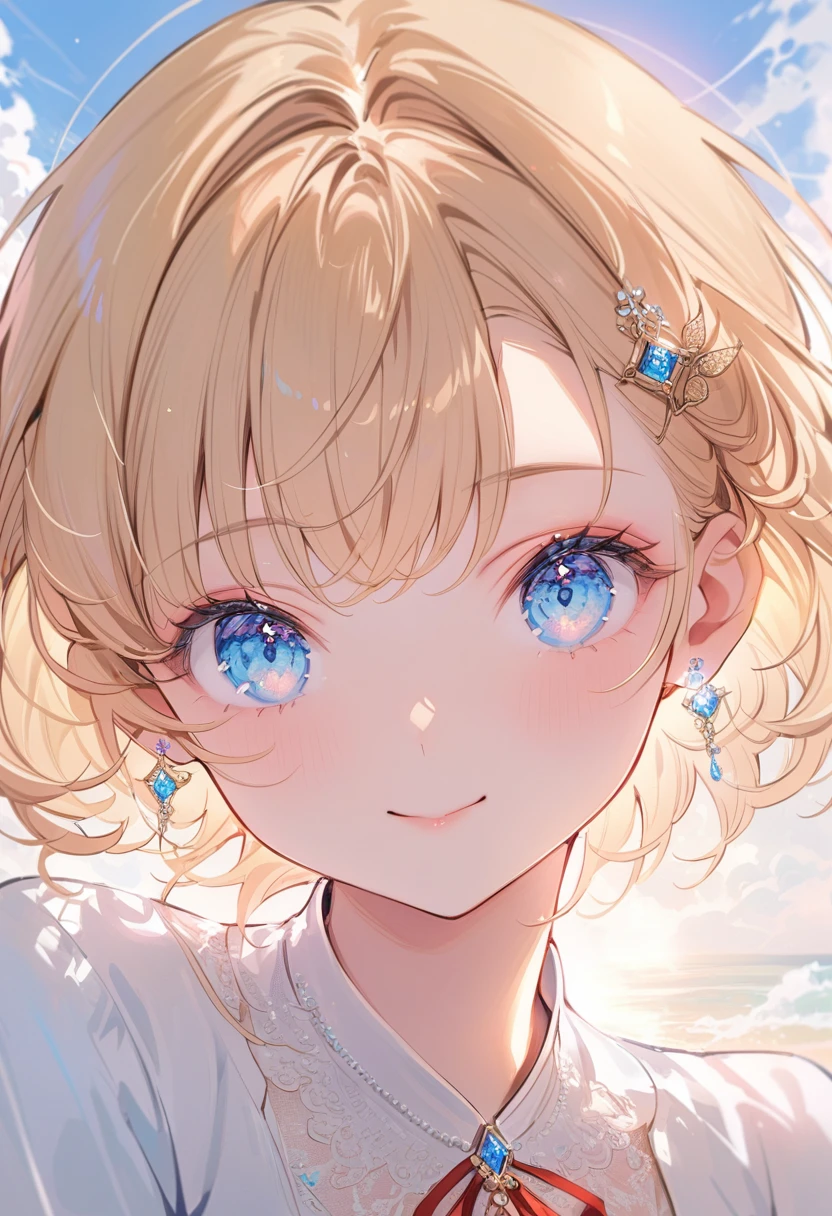 Best image quality, 4K, masterpiece, Teenage Female, White and tender skin, Blonde short hair, blue eyes, Green slightly mature, Lovely and soft, young, Divine eye, Fine hair, look at the lens, Face Focus, Smile, Exquisite facial features, Front lighting, Front light source, image, Face magnification, Close-up of face, Above the shoulder, Lovely feeling, Perfect pose to capture the beautiful view, Portrait painting effect, Blue sky and white clouds, Rose