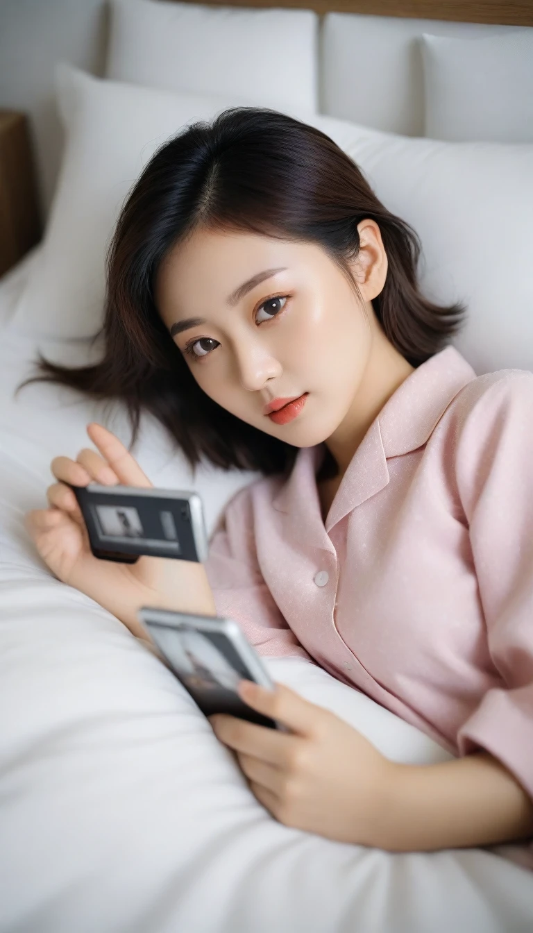 Close up of beautiful Korean woman, 34 inch chest size,Wearing pajamas, Lying in bed and looking at the smartphone, polaroid photo, short hairUH