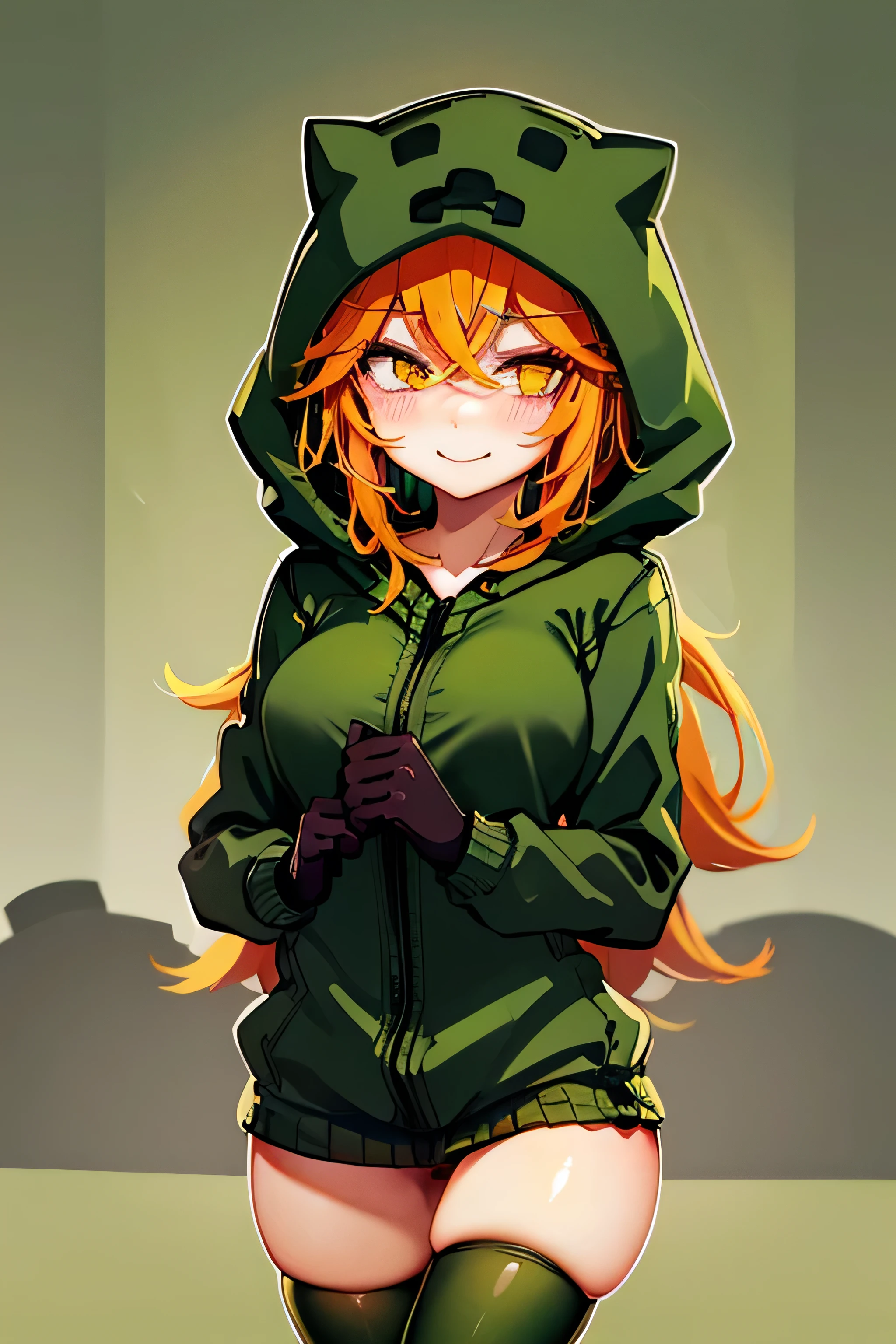 anime girl, creeper girl, orange hair, yellow eyes, blush, cute smile, slim figure, slender legs, long green hoodie, hood, green mini skirt, dark green stockings, black gloves, bare breasts, bare nipples
