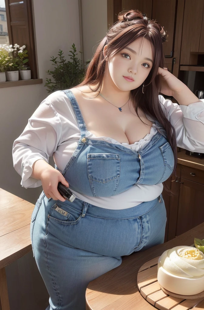 Makima de l'anime "chainsaw man", bbwchan, corps entier, magnifique et ultra détaillée. Ssbbw, obésité morbide, Cheveux rouges, yeux jaunes, visage gras, visage ultra détaillé et doux. Chemise, jupe en jean, pose dynamique, soleil, gris ventre rond et mou débordant sur la table 