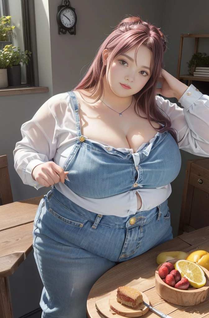 Makima de l'anime "chainsaw man", bbwchan, corps entier, magnifique et ultra détaillée. Ssbbw, obésité morbide, Cheveux rouges, yeux jaunes, visage gras, visage ultra détaillé et doux. Chemise, jupe en jean, pose dynamique, soleil, gris ventre rond et mou débordant sur la table