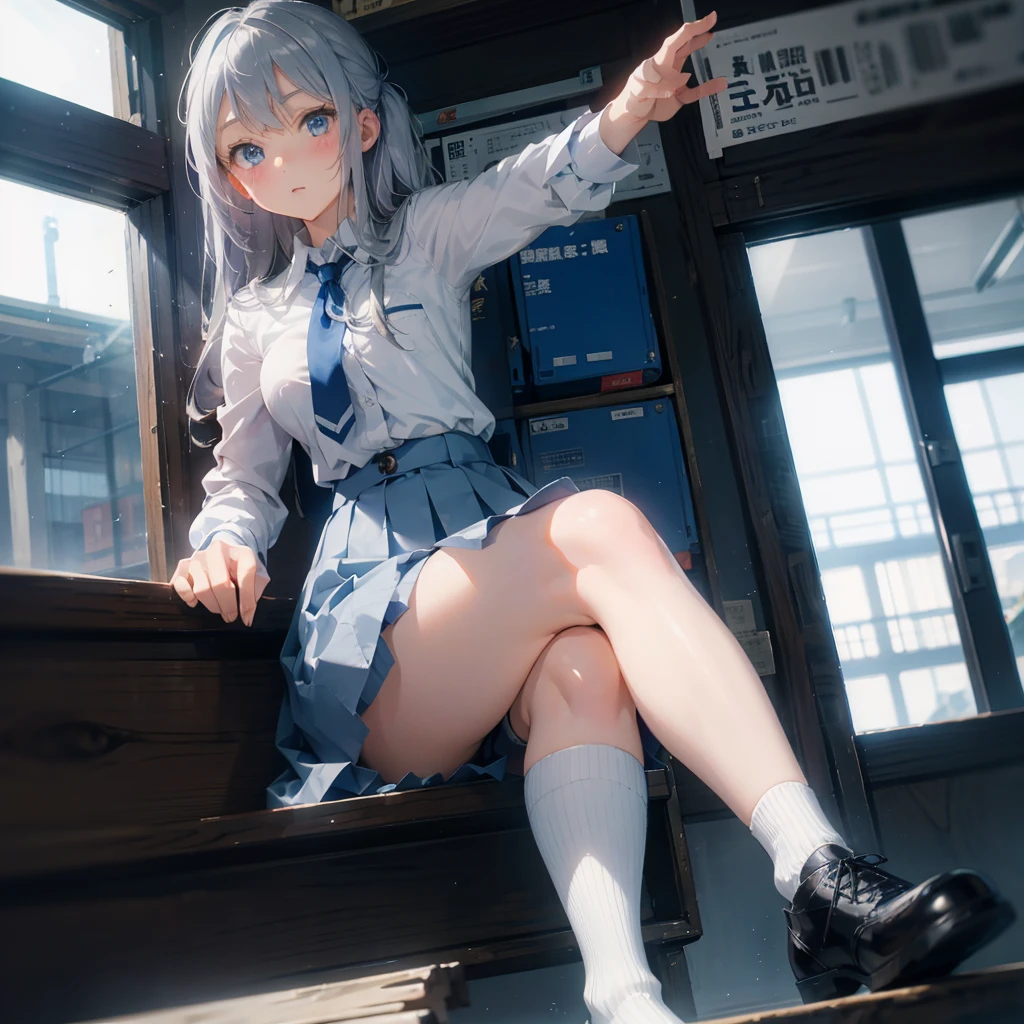 Silver Hair、Blue Eyes、Beautiful high school girl。uniform、Knee socks、　