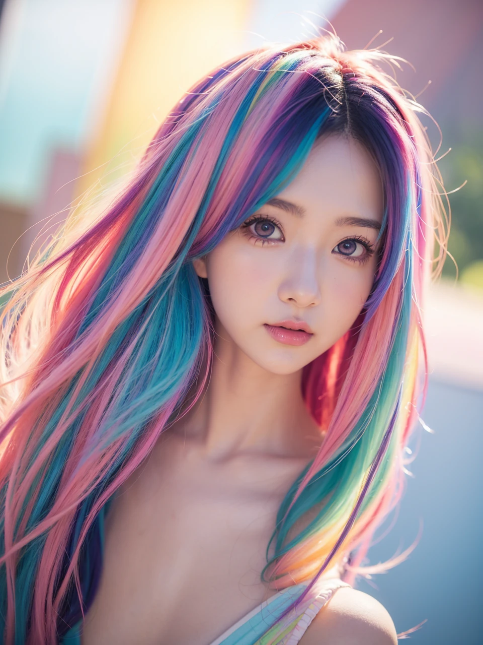 anime girl with colorful hair and a colorful dress, rossdraws pastel vibrant, rossdraws cartoon vibrant, anime style 4 k, beautiful anime portrait, artgerm colorful!!!, ! dream artgerm, beautiful anime girl, anime styled digital art, anime art wallpaper 4k, anime art wallpaper 4 k, digital anime art, extremely detailed artgerm