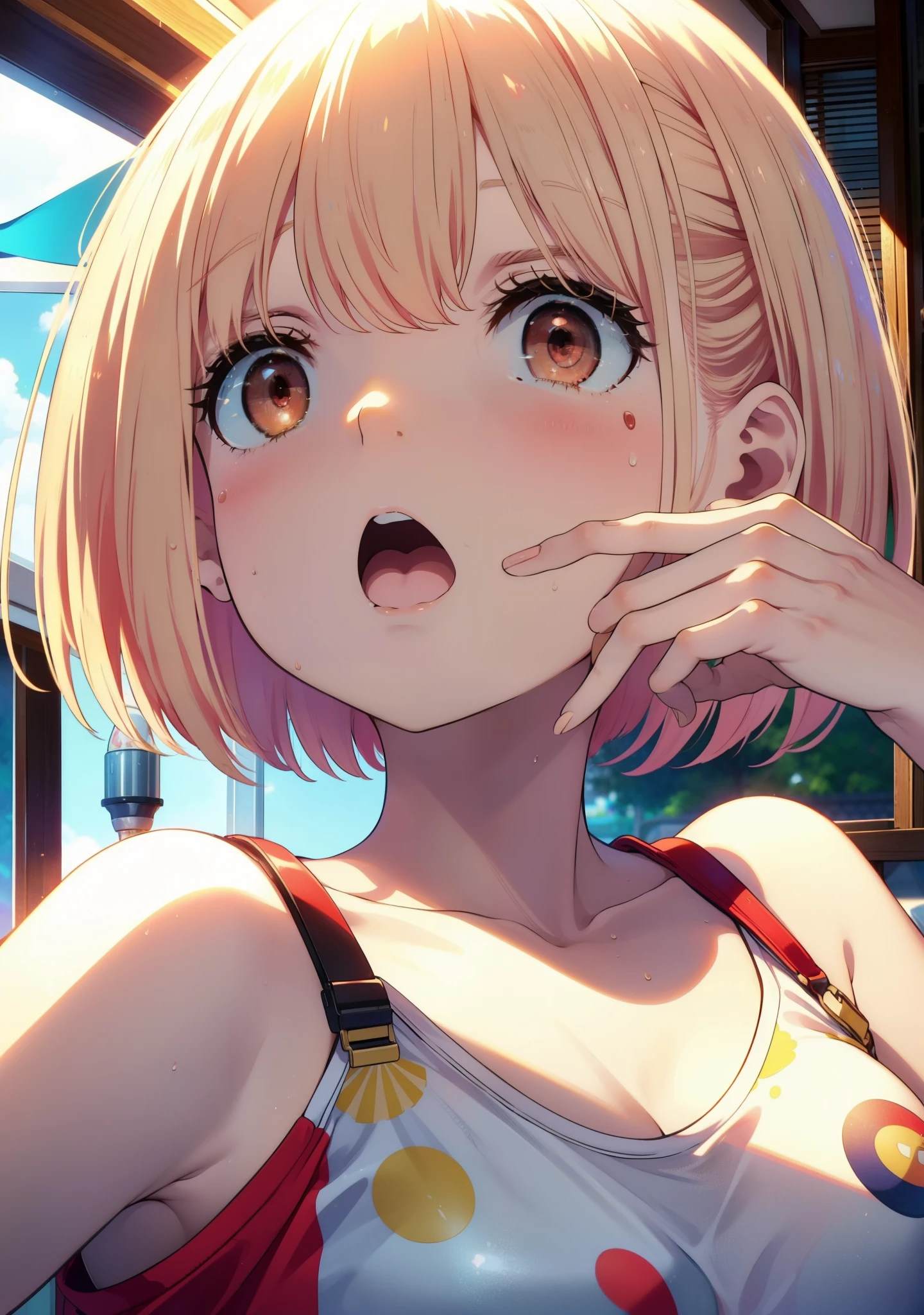 Chisato Nishikigi, short hair, bangs, Blonde, (Red eyes:1.5), Bobcut,smile,Open your mouth,Sweat,Red Tank Top,Shorts,barefoot,barefoot,Sitting on the sofa,Holding an ice cream in one hand,Eating ice cream,Daytime,True Summer,whole bodyがイラストに入るように,
break outdoors,room,
break looking at viewer, whole body,
break (masterpiece:1.2), Highest quality, High resolution, unity 8k wallpaper, (figure:0.8), (Beautiful attention to detail:1.6), Highly detailed face, Perfect lighting, Highly detailed CG, (Perfect hands, Perfect Anatomy),