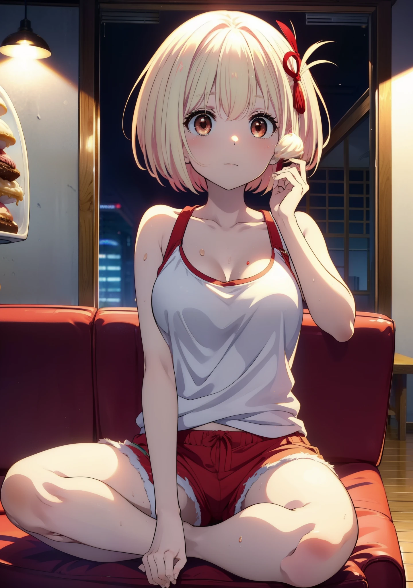  Chisato Nishikigi, short hair, bangs, Blonde, (Red eyes:1.5), Bobcut,smile,Open your mouth,Sweat,Red Tank Top,Shorts,barefoot,barefoot,Sitting on the sofa,Holding an ice cream in one hand,Eating ice cream,Daytime,True Summer,whole bodyがイラストに入るように,
break outdoors,room,
break looking at viewer, whole body,
break (masterpiece:1.2), Highest quality, High resolution, unity 8k wallpaper, (figure:0.8), (Beautiful attention to detail:1.6), Highly detailed face, Perfect lighting, Highly detailed CG, (Perfect hands, Perfect Anatomy),