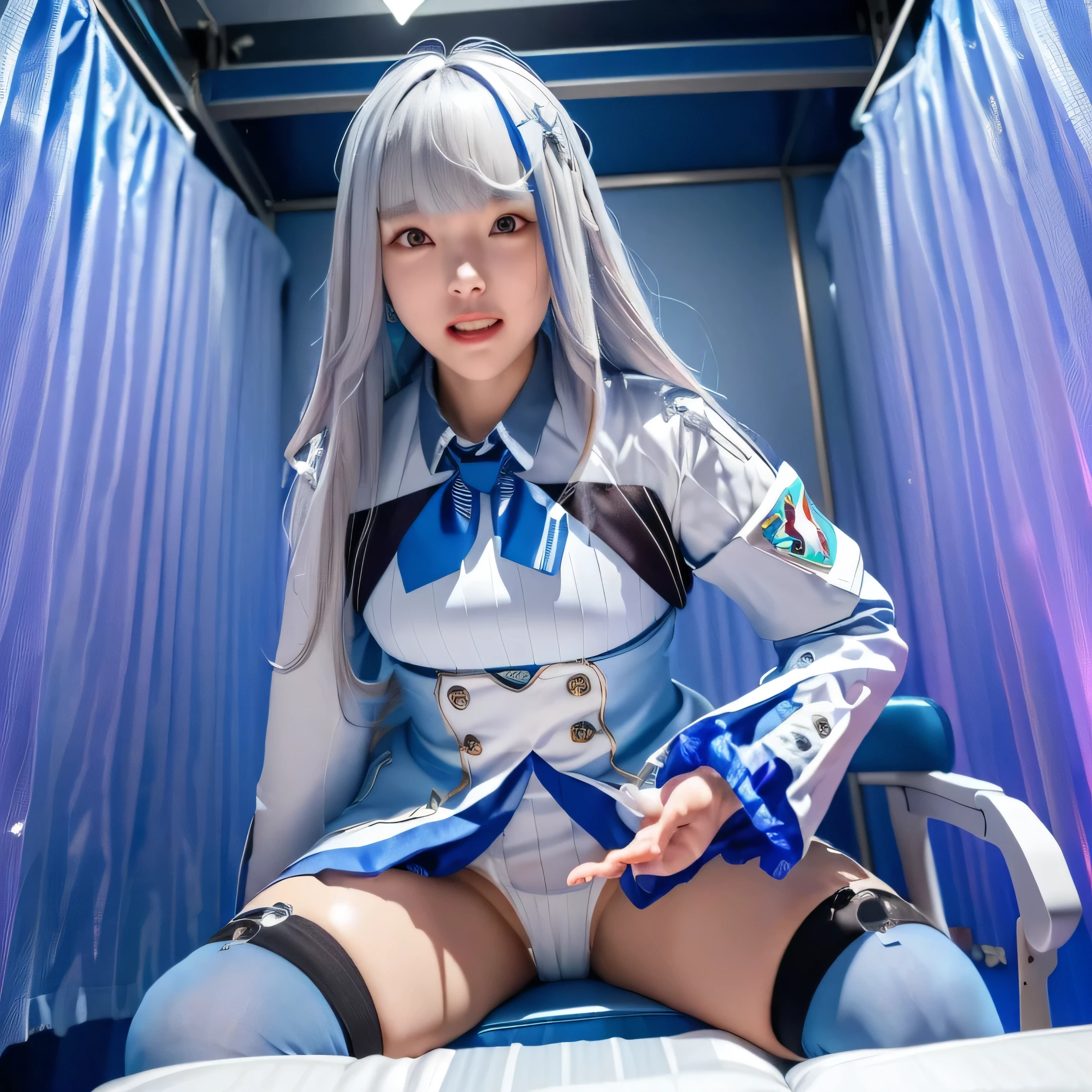 stained sheets,(((Liz Hellesta))),gameroomconcept,PC Desk,((Gaming Chair)),Pay,Game Controller,keyboard,((Looking at the smartphone in his hand)),vtuber,Game Now Streaming,((White Delivery Room)),(Liz HellestaHair),((Dressed seriously)),(((Do not expose breasts))),masterpiece, Highest quality, beautiful,(1 female), Liz Hell,cameltoe,(Straight gray straight hair,((bangs)),((Beautiful Japanese girl face)),Thin face,((Thin cheeks)),Beautiful female face,Precise depiction,Excellent costume design, charm, (Small breasts), Slender upper body,(8k Full Body RAW Photo), (Highly detailed skin: 1.2), ((Oily skin)),smile, Highly detailed face, ((Grey Hair)),fine grain, ((Sweaty body)), (((Oily skin))),Inside the room,1 Girl,Open your mouth,(((Open your eyes))),(((View your viewers))),(((Open your eyes))),(((Open your eyes))),(Large pelvis),(Wide Hips),(((Very muscular and thick thighs Veins,))),(((Abnormally thick thighs))),Thigh gap,Shiny thighs.(((Narrow waist))),(Realistic:1.0),Front view,1girl,lh1, (((White panties))),((cameltoe)),Hair Ornament Net、Long Hair、Long sleeve、Pleated skirt、((Blue thigh-high socks in silk fabric))、((手链))、Blue pleated mini skirt、((White jacket, cotton material))、(tight white shirt)、Blue Skirt、(Metallic black thigh straps),(((Front view))),See the deranged,Focused on PC gaming,((Open your mouth)),Showing teeth,Constricted eyes,