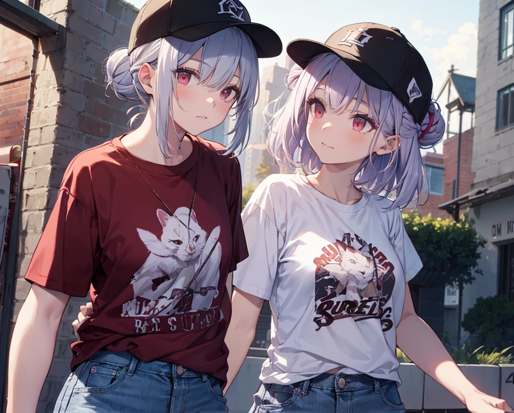 (Close-up:1.3),Realistic,Highest quality, Super detailed, High-quality CG rendering, The most delicate and beautiful, Floating softly, High resolution, (1 girl), (Highest quality,4K,8K,masterpiece:1.2), Light purple hair,(Hair in a bun:1.5),Red eyes,(Pure white oversized short sleeve T-shirt:1.3),(Black skinny jeans:1.3),(Pure white baseball cap:1.3),In the city,old buildings,