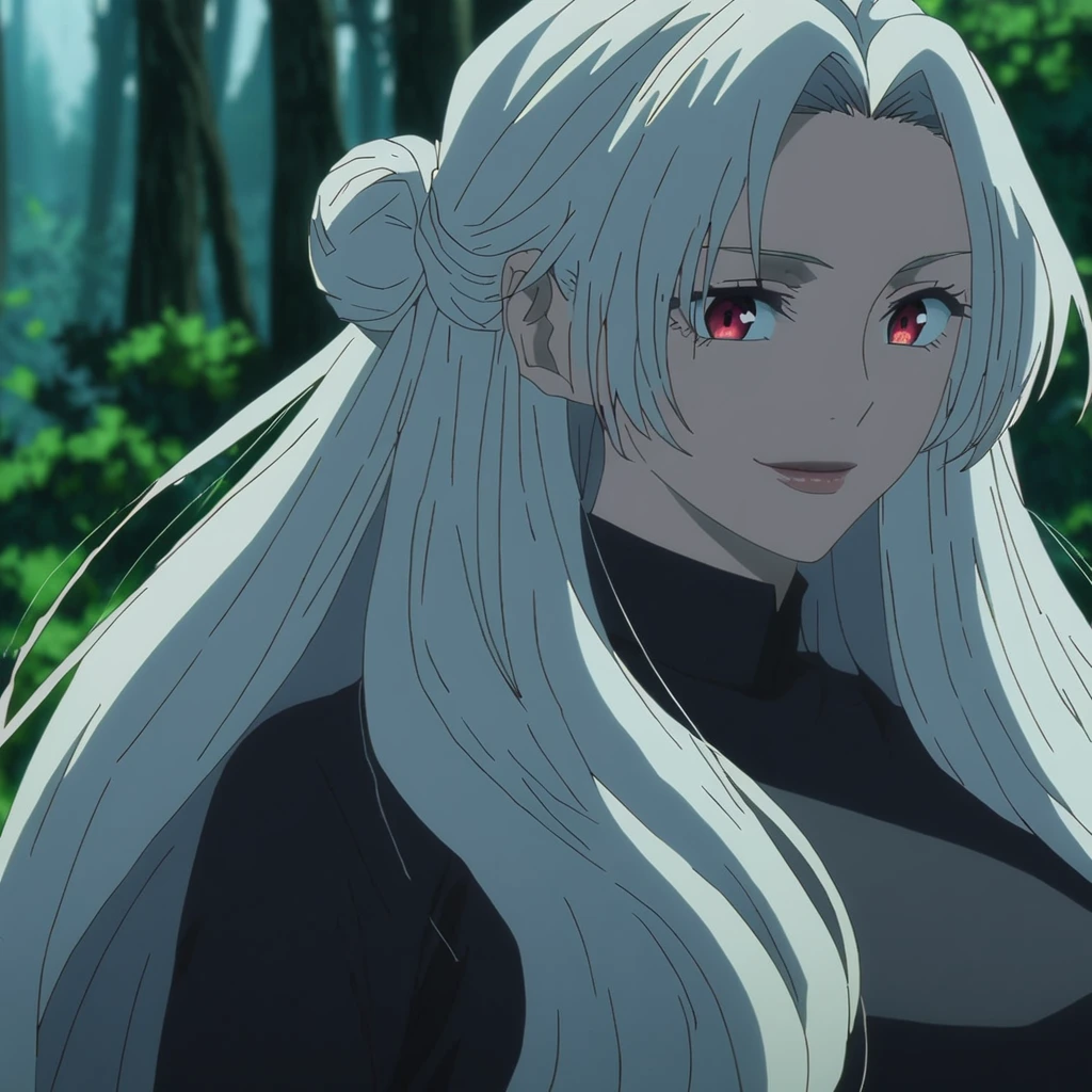 1girl, anime screencap from jujutsu kaisen, solo, very long_hair, ((smooth texture hair)) purple eyes, ((long hair, white hair, hair bun , red_eye)), breasts, upper_body, smile, forest background, red_eyes, lips, ((long white hair, elegant hairstyle, hair bun ,red_eye)) wearing black color clothes, breast, "very detailed and high resolution" (red eyes) ((cross arms))  ((smooth texture hair)) ((solo)) ((high resolution)) (Good quality) 