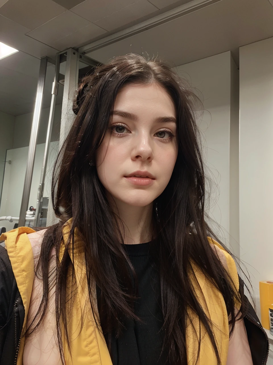 Pale skin, black hair, large breasts, hair tide up in a bun, strains of hair coming down her face
