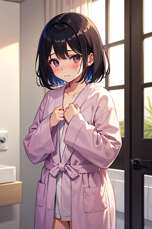 Highest quality、Black Hair、Iris、short hair、girl、cute、16 years old、、1 person、Bathrobe only、Embarrassed look、Blushing、Clothes are disheveled、afterwards、Hotel Rooms