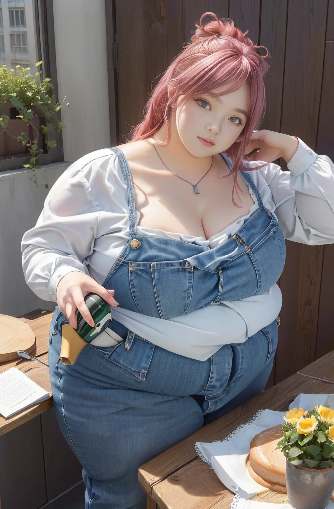 Makima de l'anime "chainsaw man", bbwchan, corps entier, magnifique et ultra détaillée. Ssbbw, obésité morbide, Cheveux rouges, yeux jaunes, visage gras, visage ultra détaillé et doux. Chemise, jupe en jean, pose dynamique, soleil, gris ventre rond et mou débordant sur la table